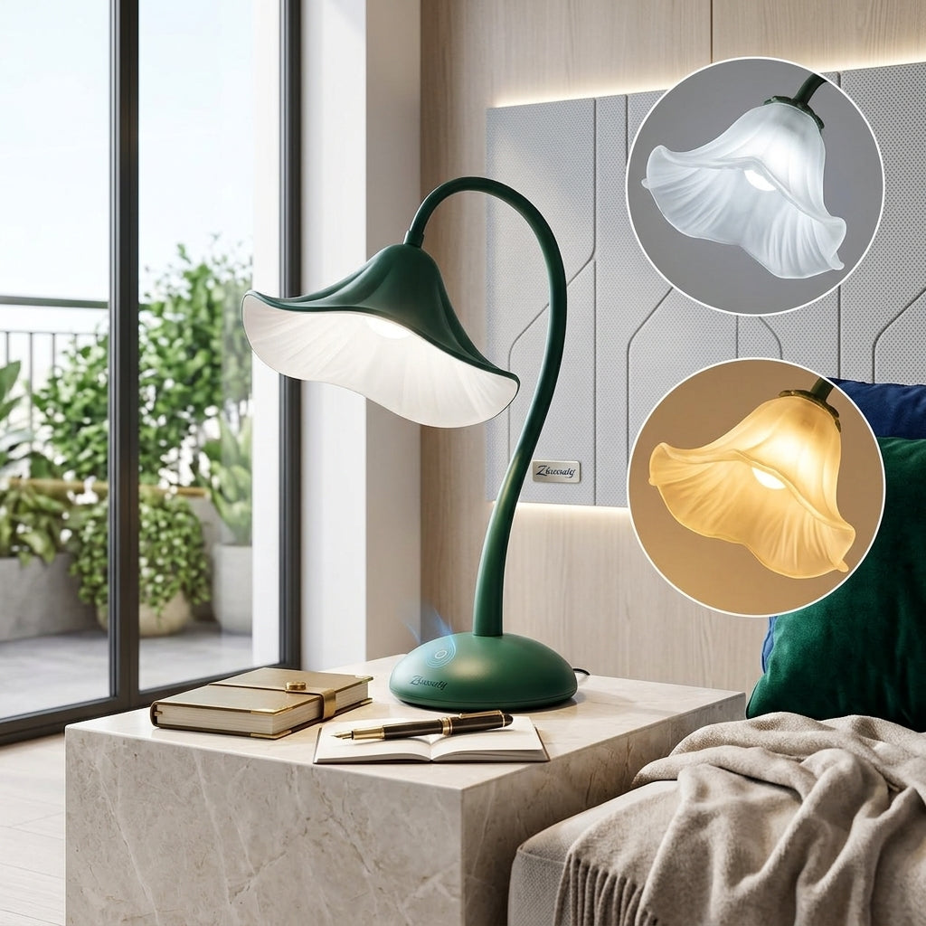 Zkussatq™ Petal Arc LED Table Lamp – Sculptural Flower Bedside Light, Dual White Reading & Nightstand Lamp