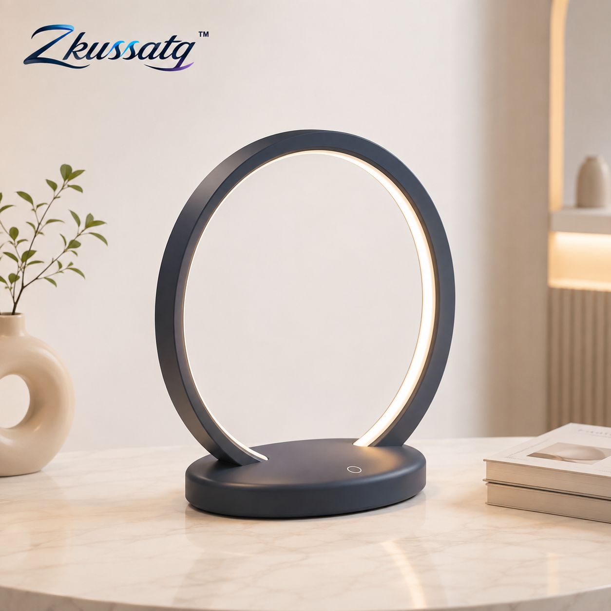 Zkussatq™ Halo Ring Bedside Lamp – Modern Circular LED Night Light & Minimalist Table Lamp