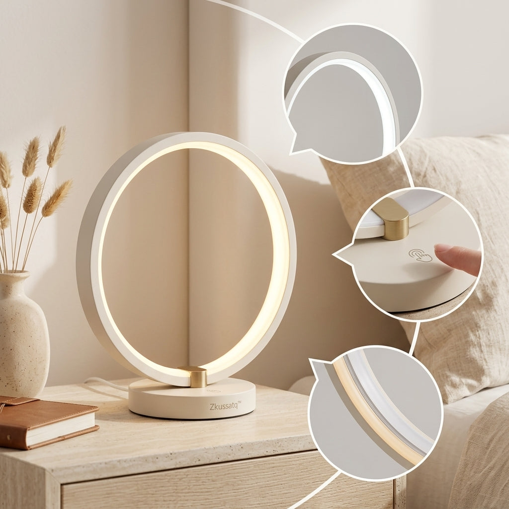 Zkussatq™ Halo Ring Bedside Lamp – Modern Circular LED Night Light & Minimalist Table Lamp