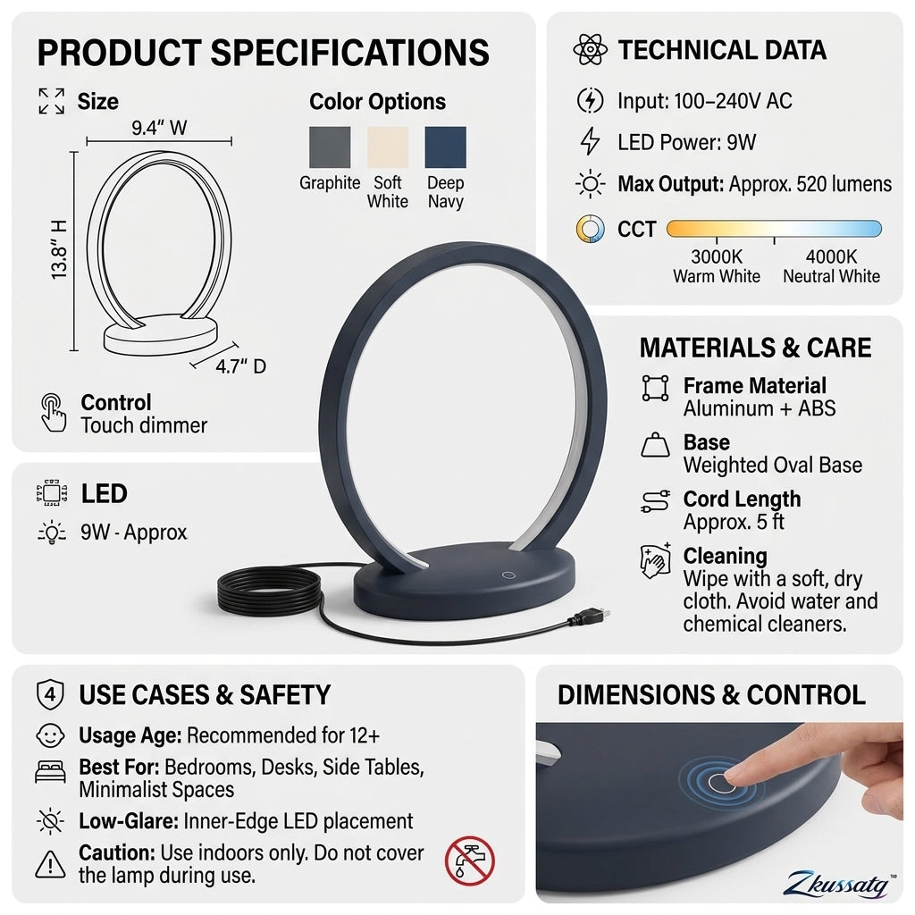 Zkussatq™ Halo Ring Bedside Lamp – Modern Circular LED Night Light & Minimalist Table Lamp