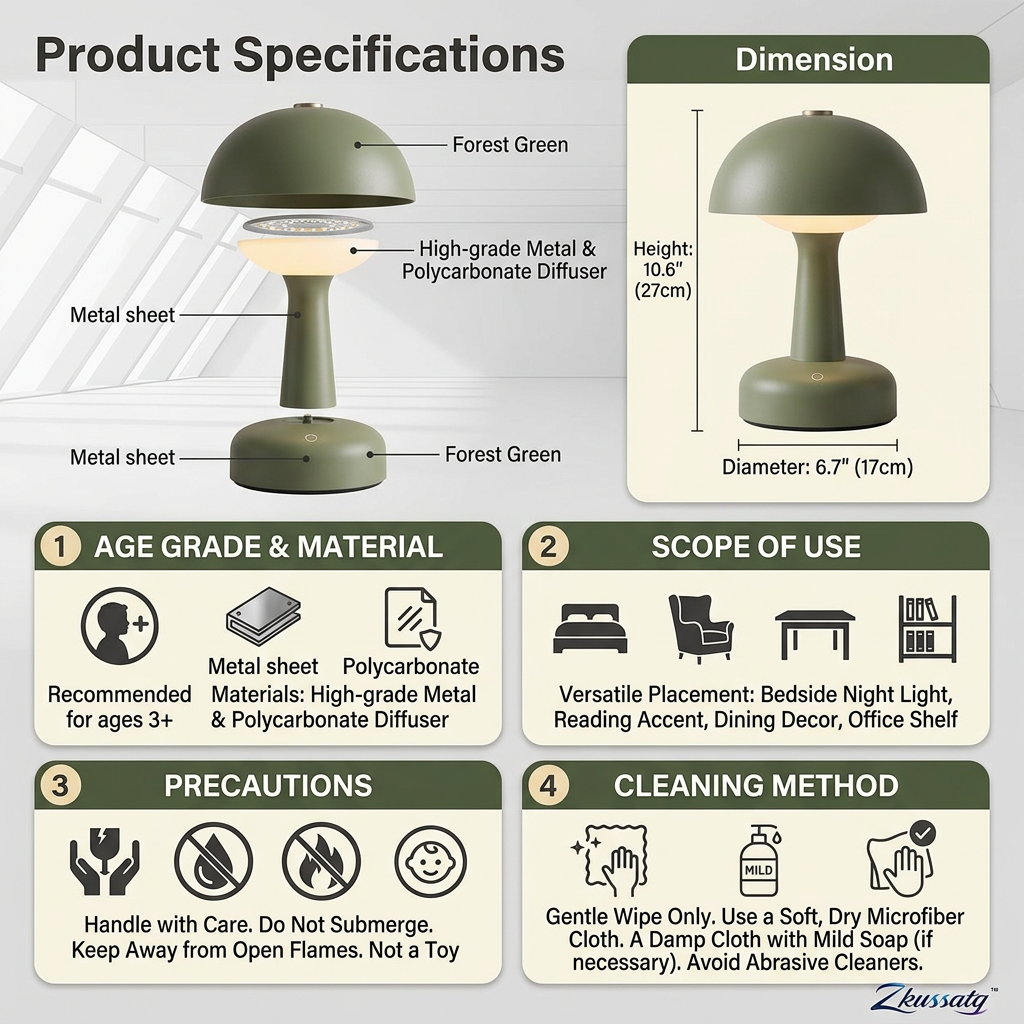 Zkussatq™ Mushroom Dome Rechargeable Table Lamp – Cordless LED Bedside Night Light