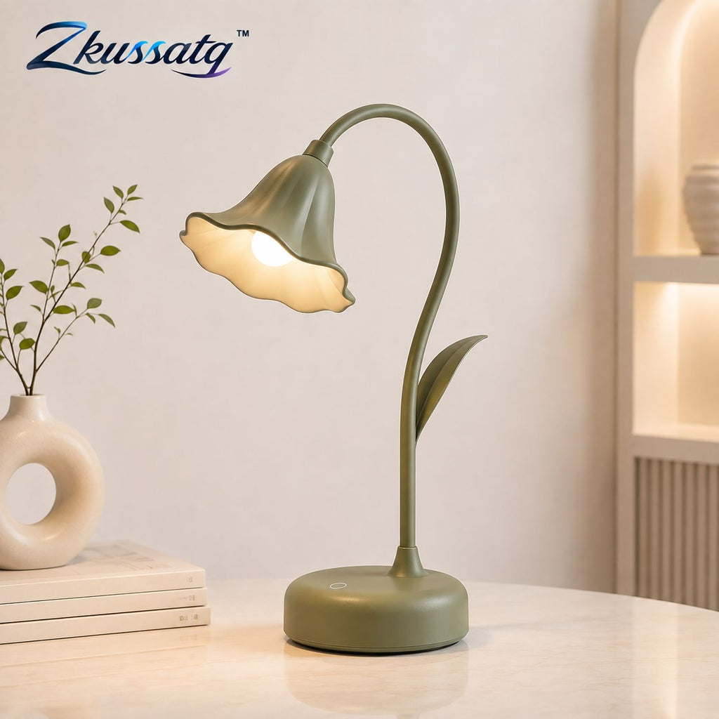 Zkussatq™ Lily Stem LED Reading Lamp – Vintage Floral Bedside Desk & Nightstand Light