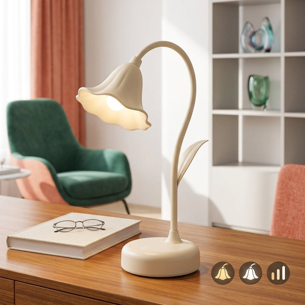 Zkussatq™ Lily Stem LED Reading Lamp – Vintage Floral Bedside Desk & Nightstand Light