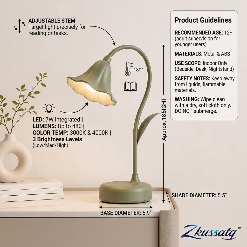 Zkussatq™ Lily Stem LED Reading Lamp – Vintage Floral Bedside Desk & Nightstand Light
