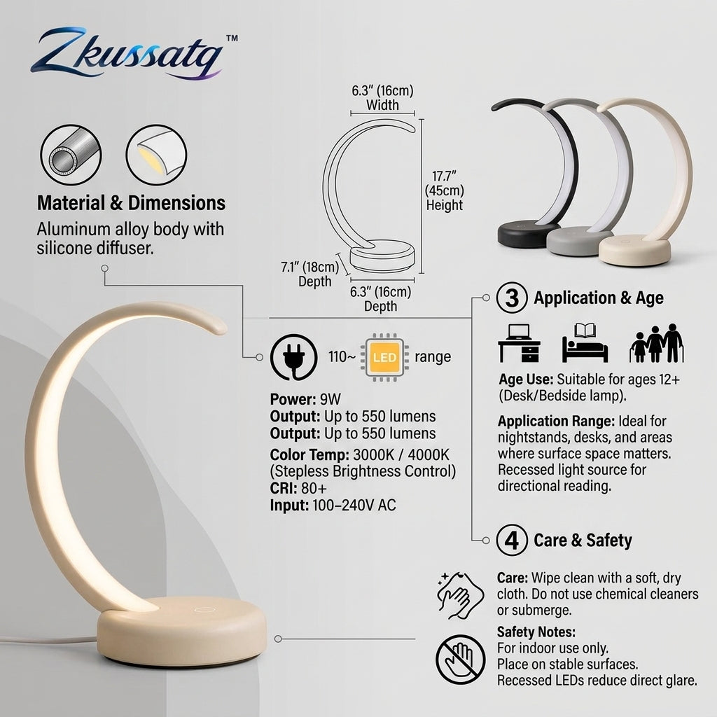 Zkussatq™ Crescent Arc Table Lamp – Curved LED Reading & Bedside Light