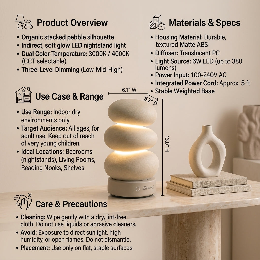 Zkussatq™ Pebble Stack Bedside Lamp – Soft Glow LED Nightstand Light