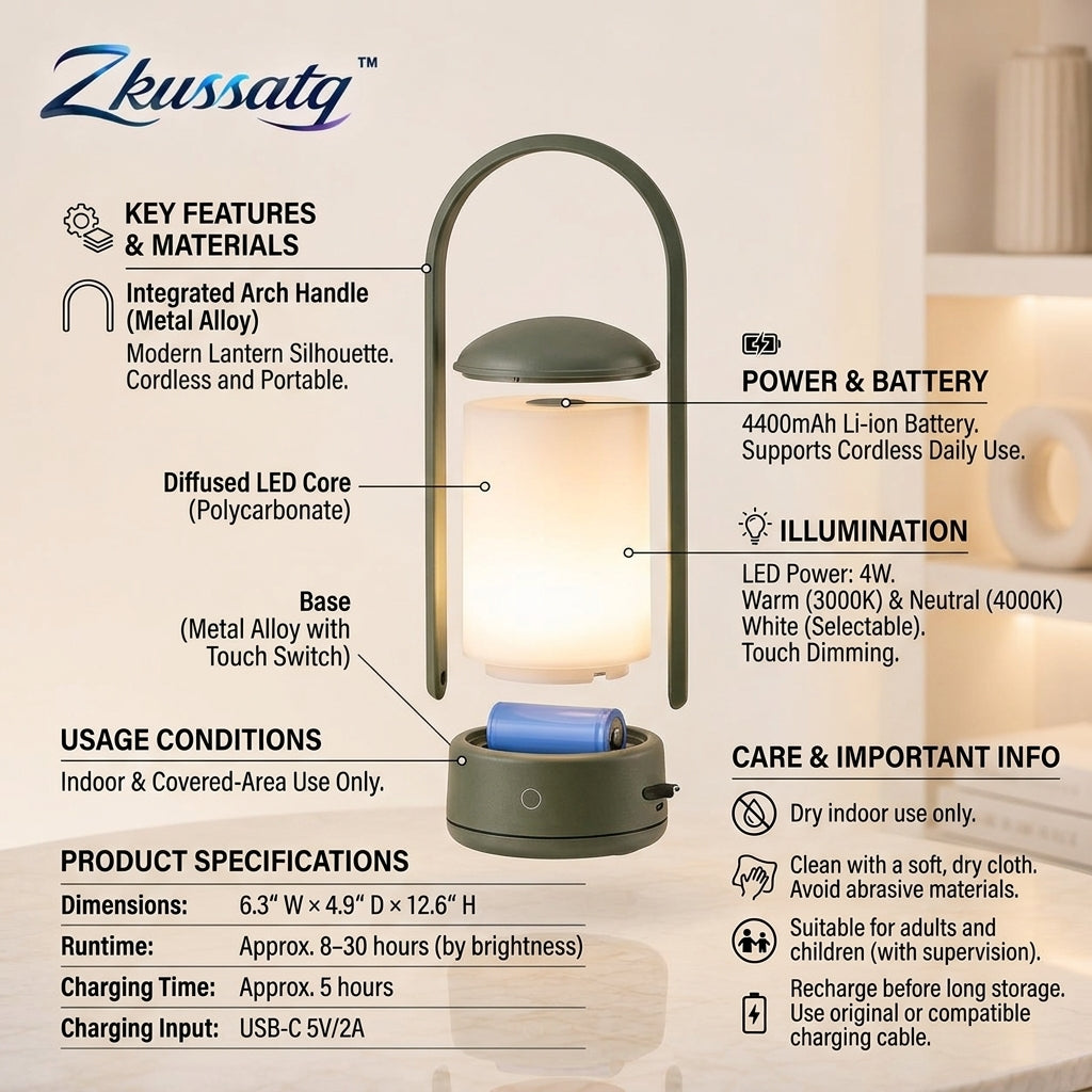 Zkussatq™ Lantern Loop Cordless Table Lamp – Rechargeable LED Night Light