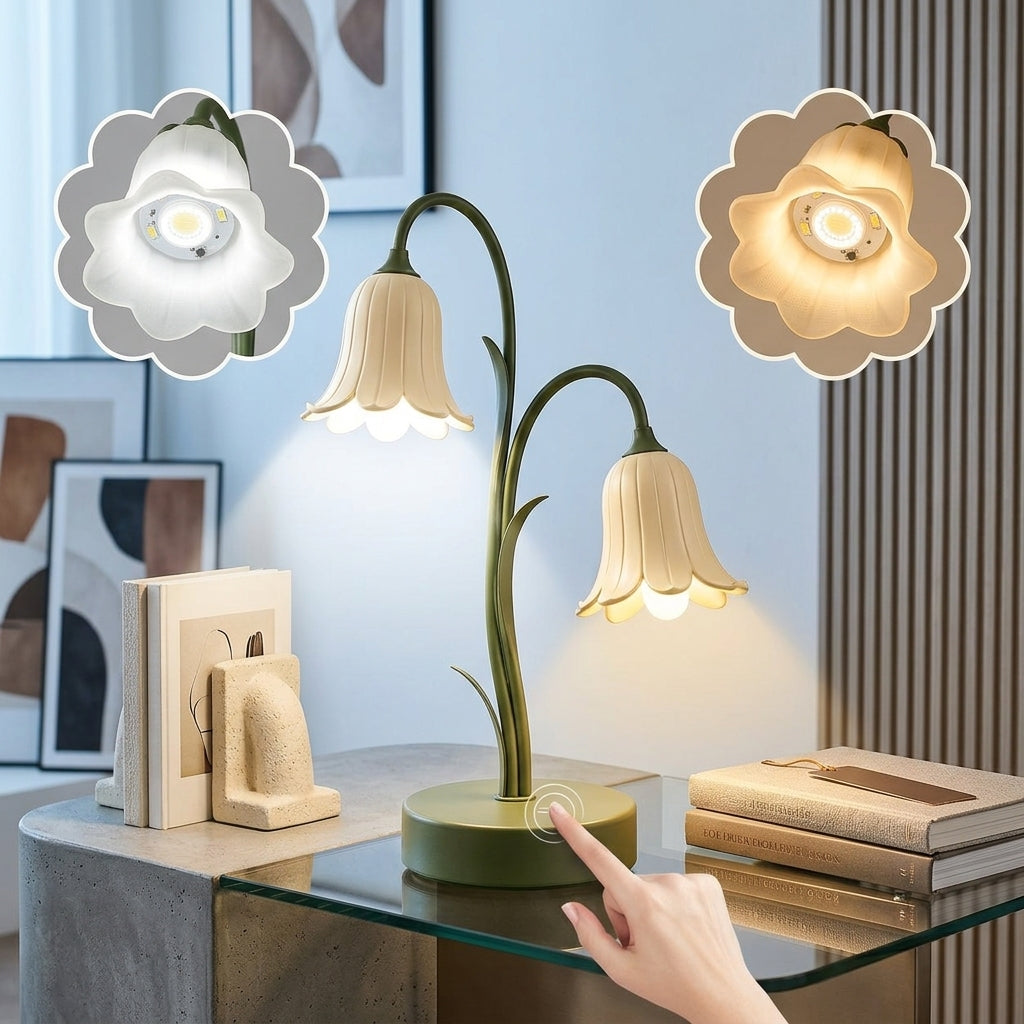Zkussatq™ Bellflower Twin LED Table Lamp – Dual Shade Botanical Bedside Light