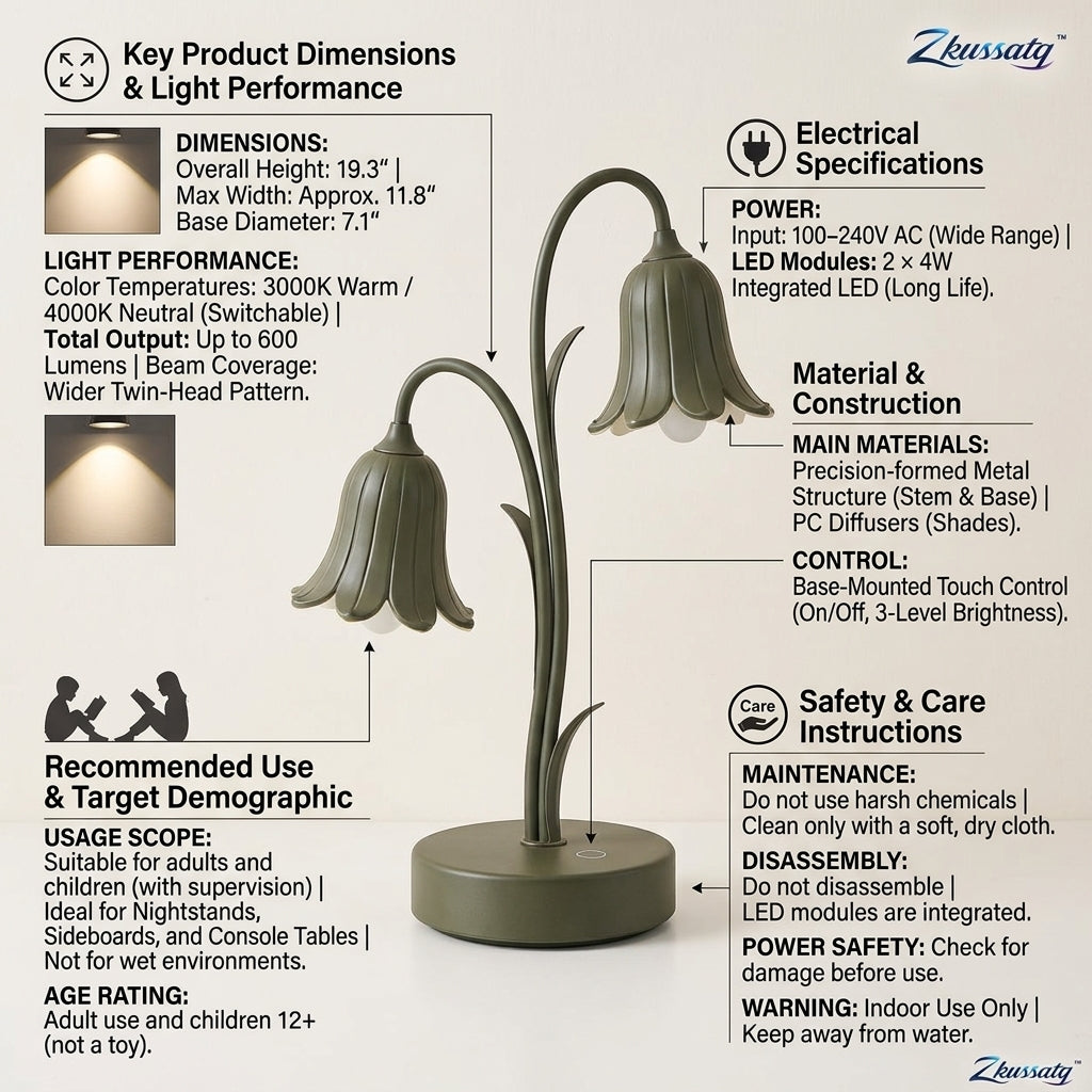 Zkussatq™ Bellflower Twin LED Table Lamp – Dual Shade Botanical Bedside Light